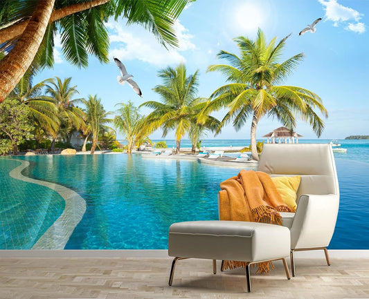 Palm Trees and Blue Sky Summer Island Wall Mural Wallpaper for Bedroom 137" x 100"