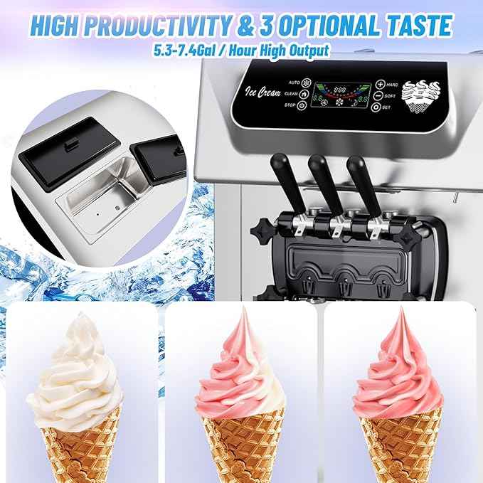 Commercial 2+1 Flavor Soft Ice Cream Machine, 5.8 to 8 gal Per Hour Soft Serve, 2200W Stainless Steel Vertical Ice Cream Maker with Self-Cleaning, High Productivity, Perfect for Home and Snack Bar