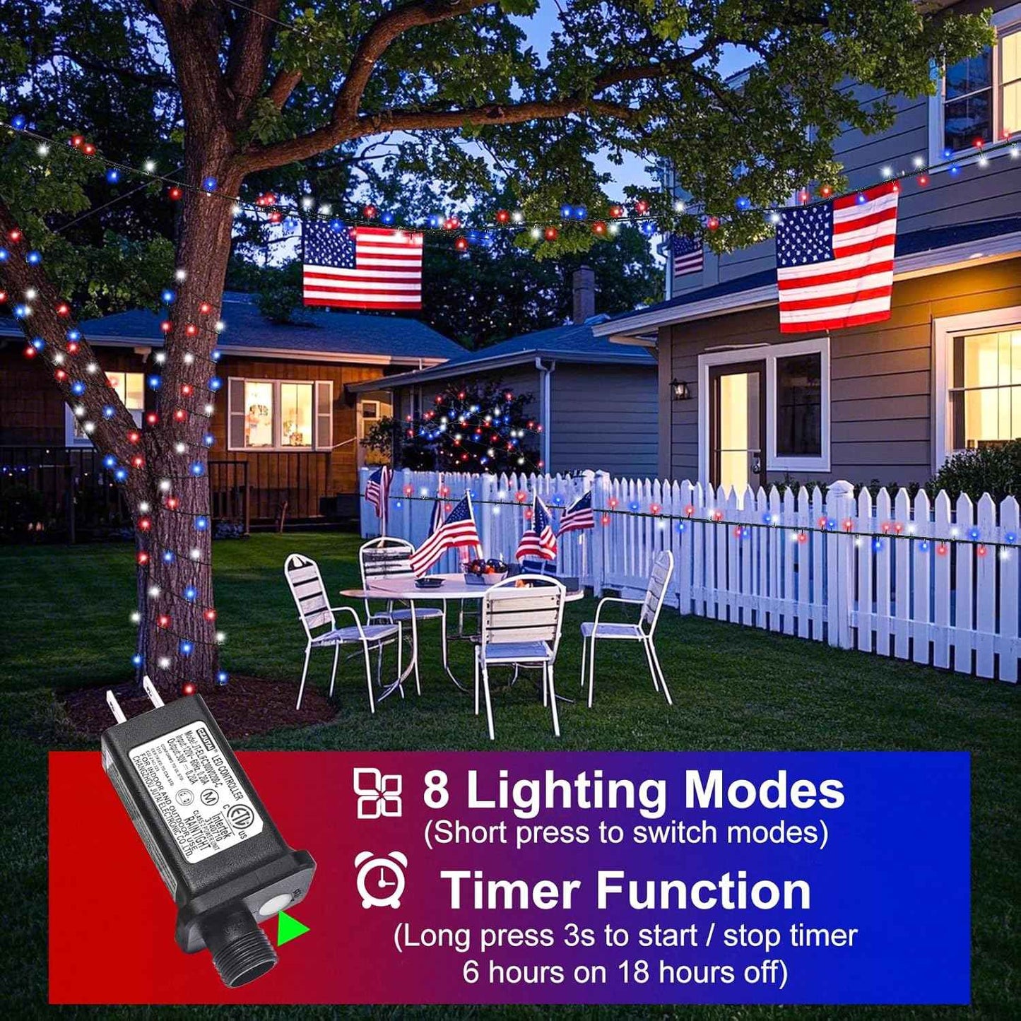 Red White and Blue String Lights, 66FT 200 LED 4th of July Lights Outdoor Waterproof, 8 Modes Connectable Plug In Patriotic Decorations Light for Indoor Independence Memorial Day Party Holiday