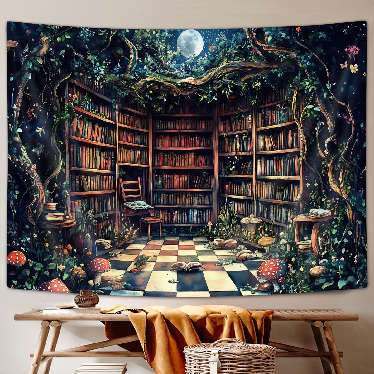 Magical Forest Tapestry, Fairytale Tree Magic Bookshelf Aesthetic Tapestries for Classroom, Witchy Fairy Tree Mysterious Vintage Bookshelf Book Art Tapestry Wall Hanging College Room Bedroom, 60X40