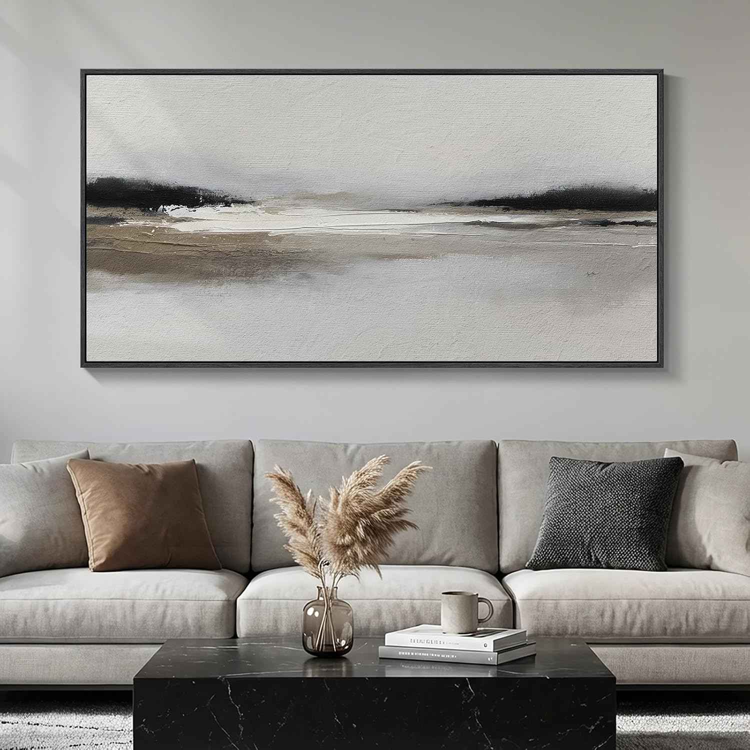 Large Framed Abstract Wall Art for Living Room, Horizontal Black and White Landscape Canvas Prints Paintings Artwork for Walls, Neutral Modern Minimalist Pictures Wall Decor for Bedroom Office 30x60