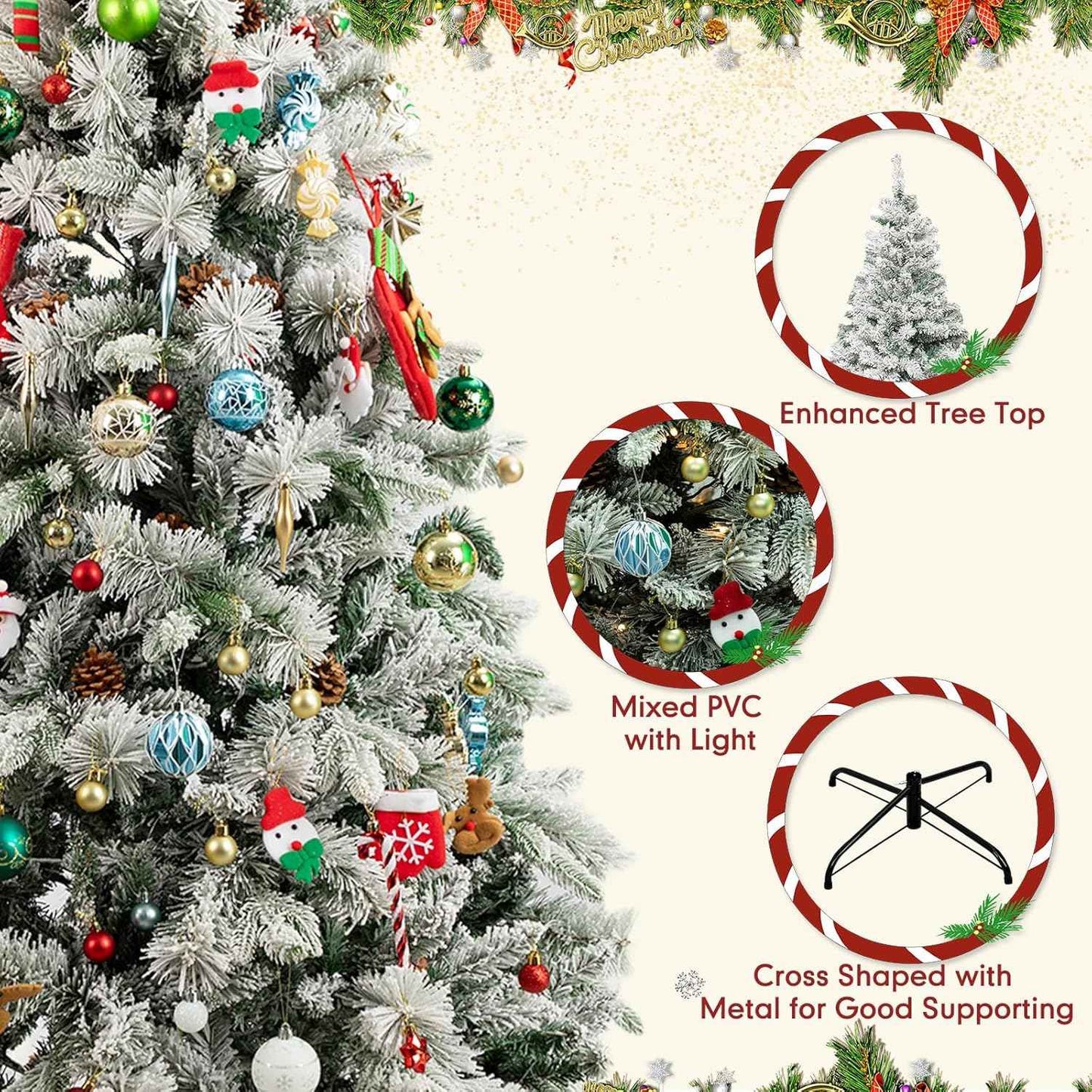 7Ft Prelit Christmas Tree,Snow Flocked Artificial Hinged Holiday Christmas Pine Tree,Xmas Tree w/400 LED Lights and 1500 Snow Flocked Branch Tips for Home,Office,Party Decoration