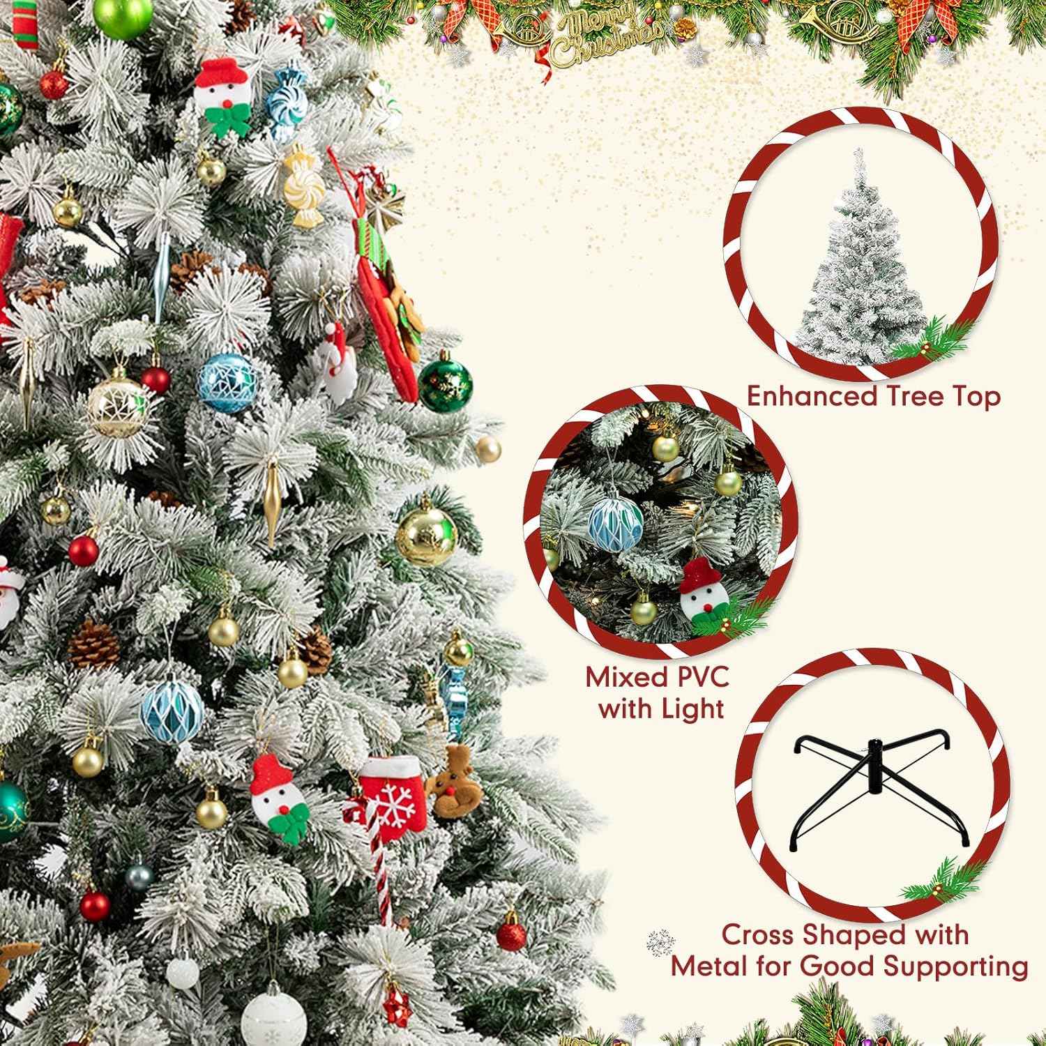 7Ft Prelit Christmas Tree,Snow Flocked Artificial Hinged Holiday Christmas Pine Tree,Xmas Tree w/400 LED Lights and 1500 Snow Flocked Branch Tips for Home,Office,Party Decoration