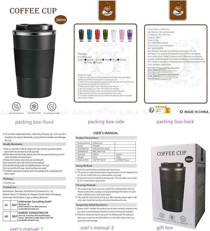 YINJAM 12oz Travel Coffee Mug Insulated Coffee Cups to Go with Leakproof Lid Vacuum Stainless Steel Double Walled Thermal Car Coffee Tumbler for Hot Cold Iced Tea Drinks Reusable (Red, 12oz)