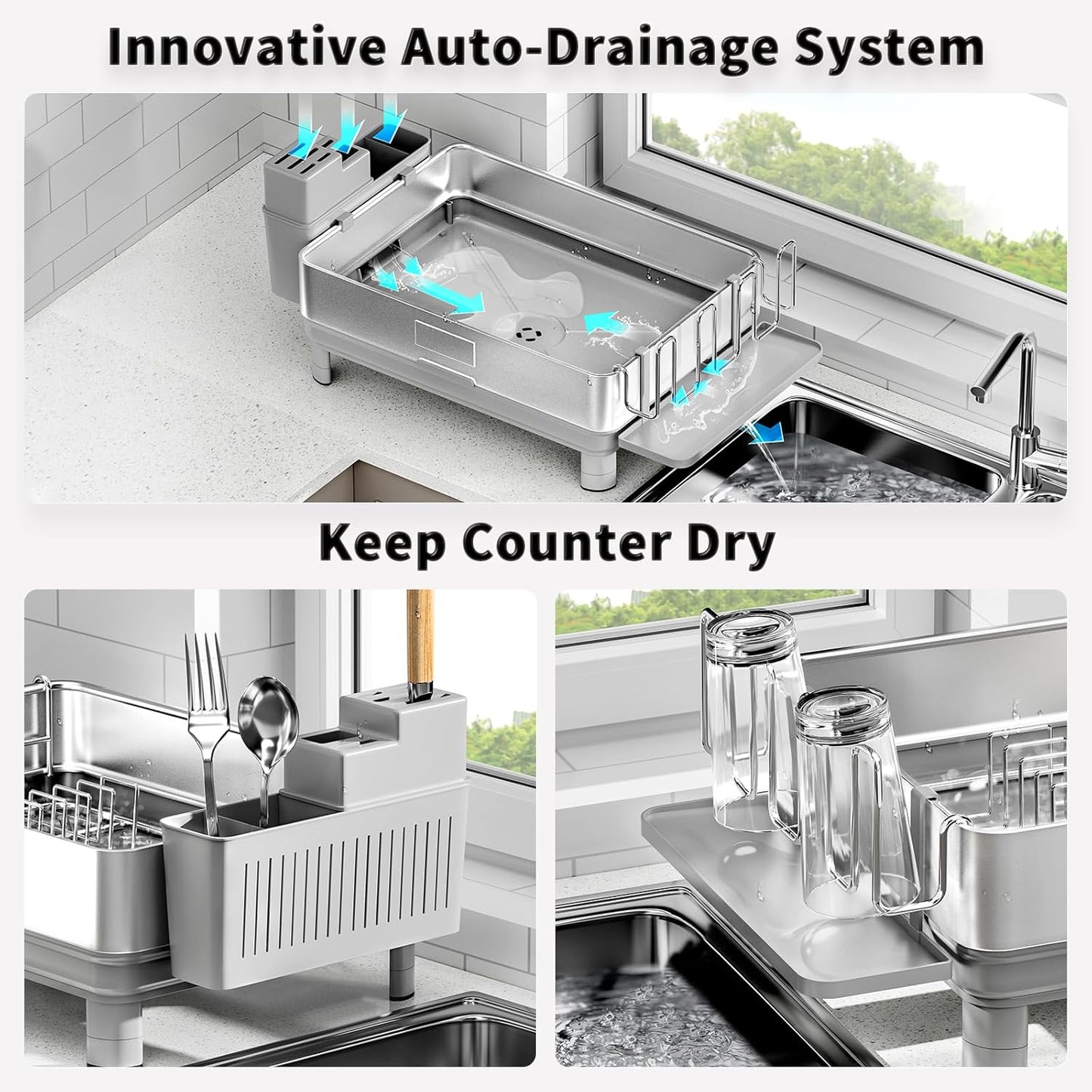 Ewaiira Dish Drying Rack, 304 Stainless Steel Dish Racks for Kitchen Counter, Dish Drainers with Automatic Drainage, Utensil Holder & Cups Holder, Space Saving Kitchen Organizer, Gray