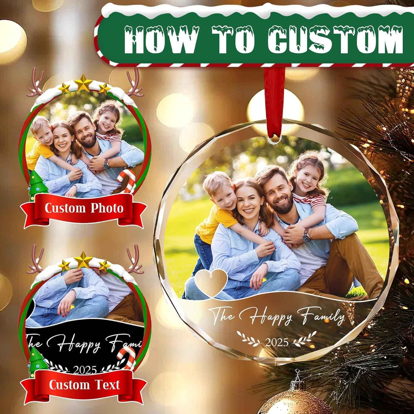 Personalized Family Christmas Ornaments 2025, Custom Crystal Ornament with Photo Text, Customized Picture Ornaments for Christmas Tree Xmas Keepsake Gifts for Family Dad Mom Couple Him Her