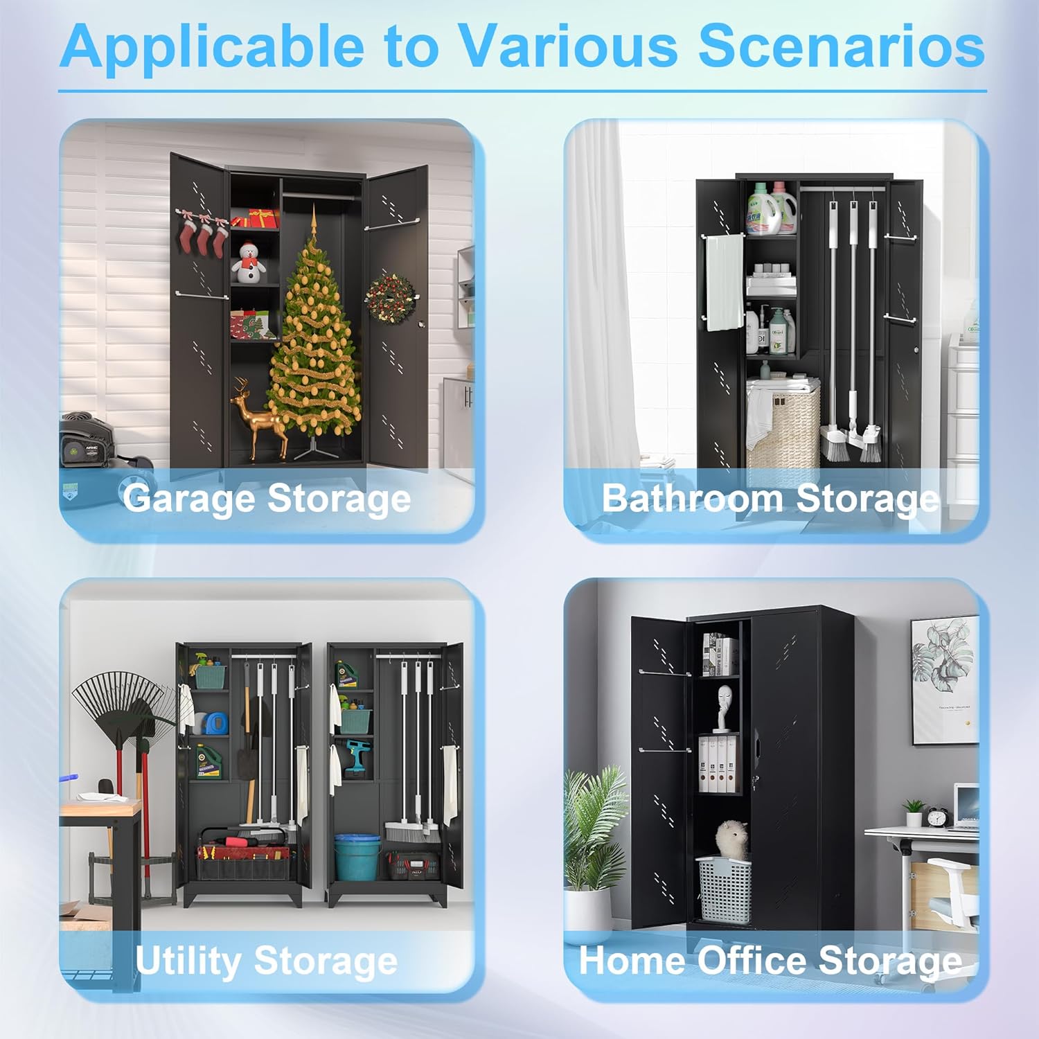 Metal Storage Cabinet with Lock Door, 75" Tall Garage Storage Cabinet with Hanging Rod, Broom Closet Bathroom Storage Cabinet, Cleaning Tool Cabinet - Lumora Casa