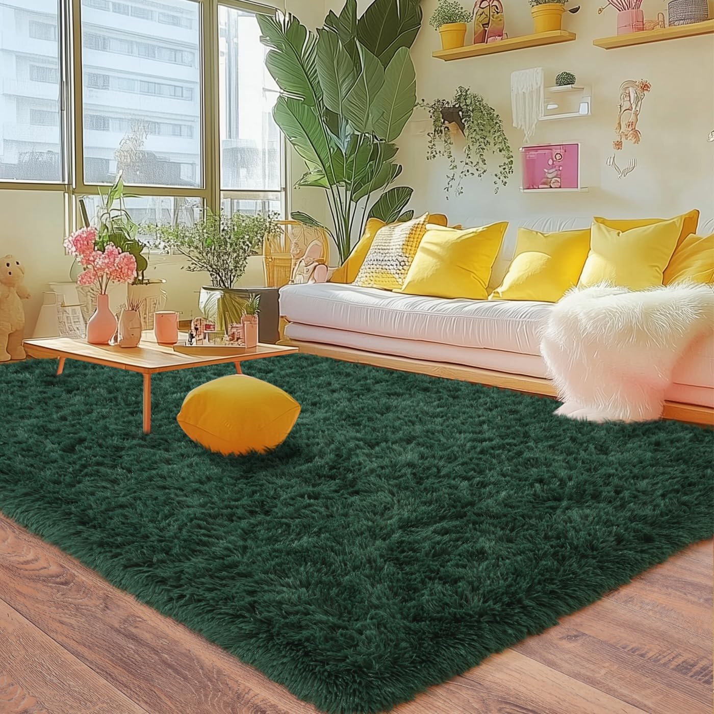 Rezutan 6x9 Feet Shaggy Area Rug - Super Soft Plush Fuzzy Modern Living Room Bedroom Rug for Kids, Non-Slip Nursery Classroom Home Decor, Dark Green.