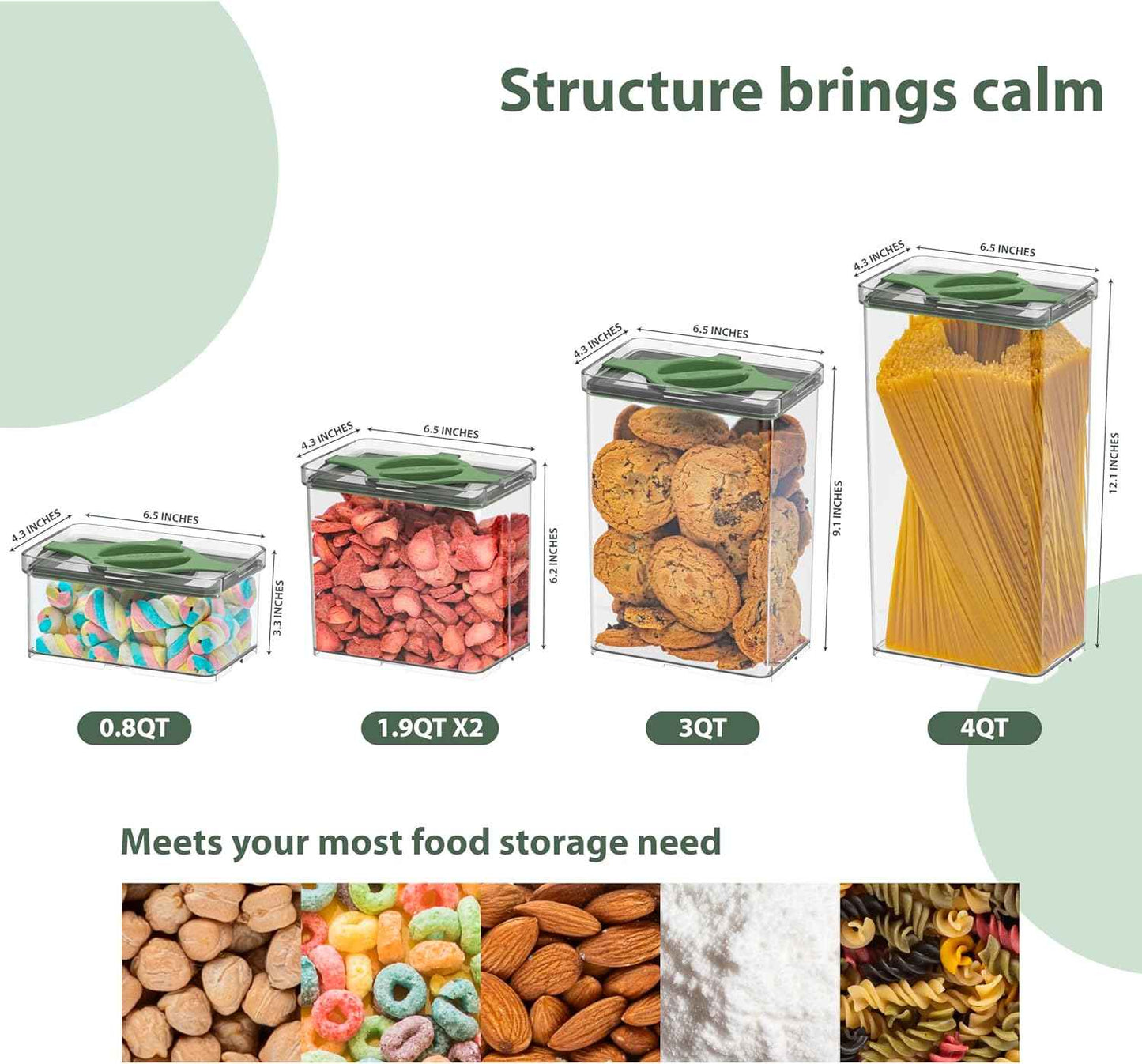 5-Piece SAN Airtight Pantry Storage Container Set, Leakproof Twist-Lock Lids, BPA-Free Stackable Canisters for Sugar, Flour, Pasta, Cereal & Snacks (0.8qt, 1.9qt ×2, 3qt, 4qt)