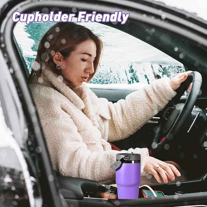 20 oz Tumbler with Handle, Insulated Tumbler with Lid and Flip Straw Leak Proof Double Wall Stainless Steel Vacuum Travel Coffee Mug Insulated Water Bottle Thermal Cup, Cupholder Friendly, Purple