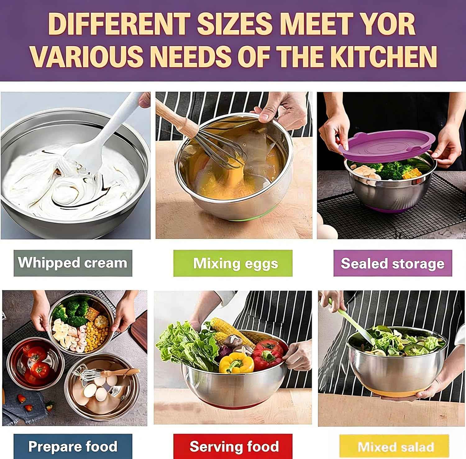 Umite Chef Thickened Heavy-Duty 26pcs Stainless Steel Bowl, Mixing Bowl Set with Lid, Grater Attachment, Colorful Non-Slip Bottom and Kitchen Gadget Set, Sizes 7, 4, 2.5, 2.0, 1.5, 1QT