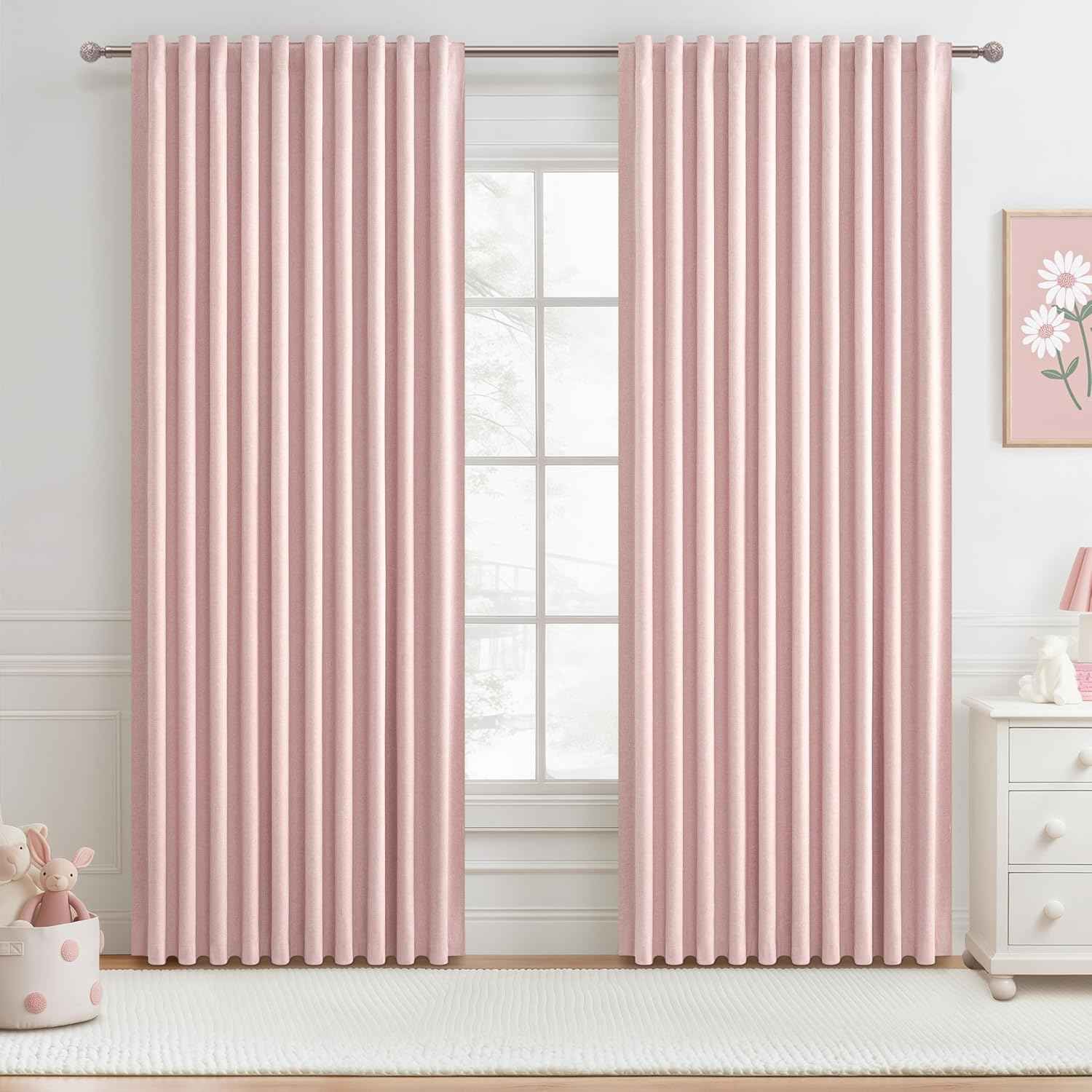 Cute Baby Pink Blackout Curtains 70 Inches Extra Wide Pleated for Grils Bedroom 2 Panels Set, 96 Inch Long Curtain for Sliding Glass Doors Thermal Large Window Heavy Duty Drapes (W70xL96x 2 Panels)