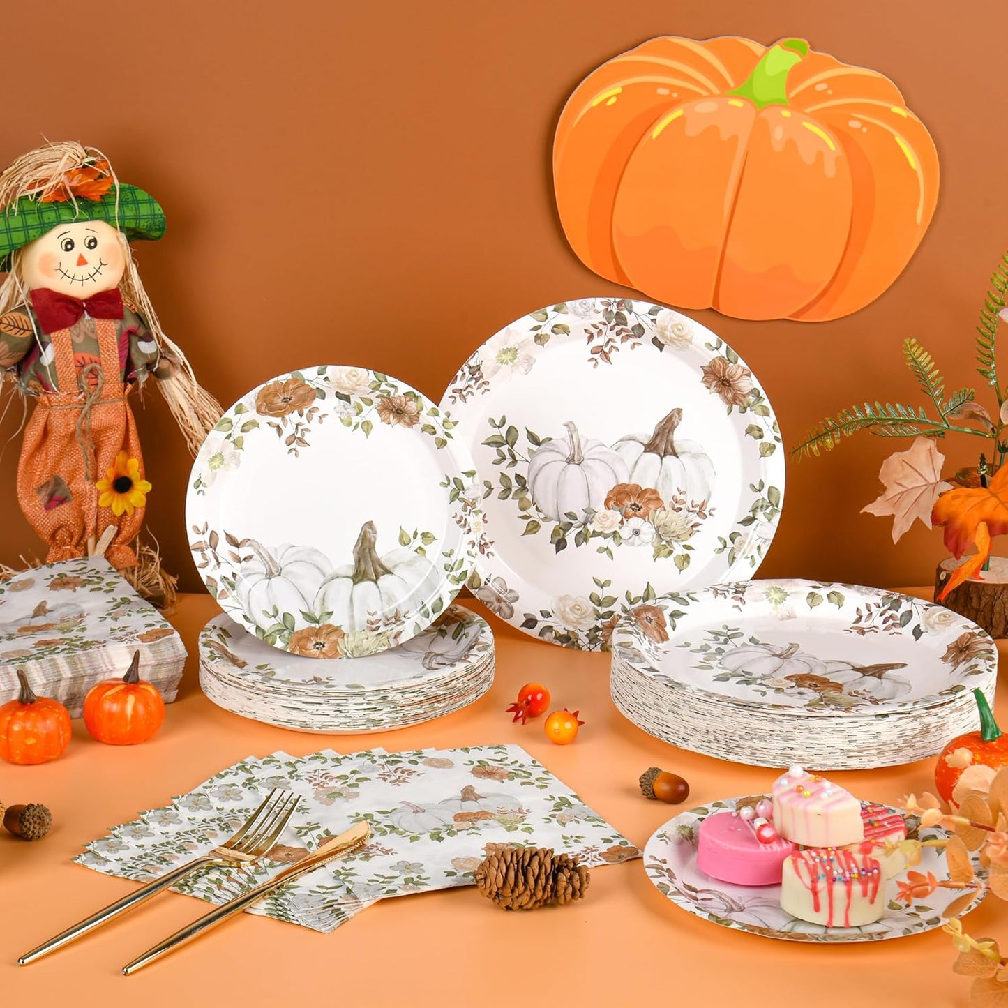 150Pcs Fall Paper Plates and Napkins Party Supplies Autumn Thanksgiving Disposable Plates Napkin White Pumpkin Plates Tableware Set for Fall Decor Thanksgiving Party Supplies,Serve 50 Guests