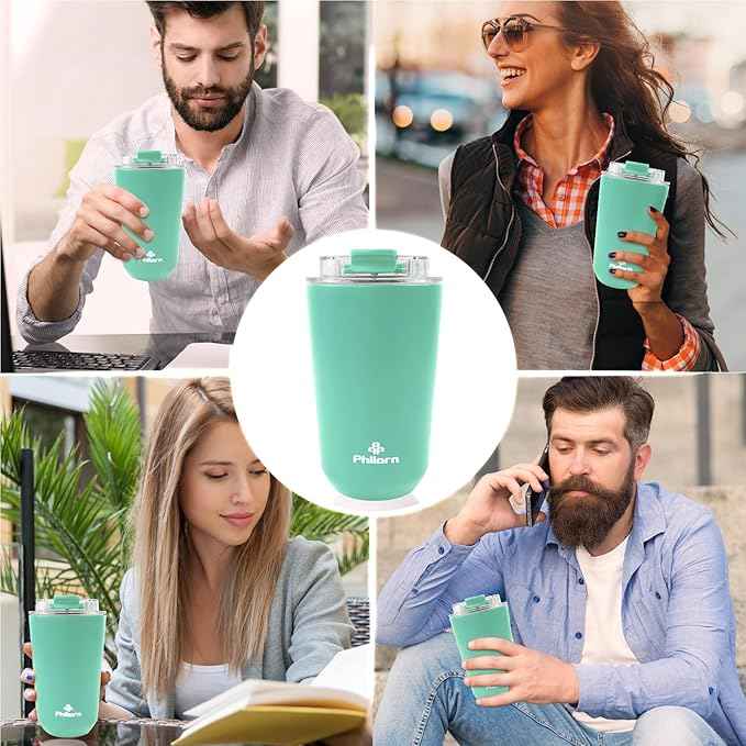 PHILORN Coffee Mug 12 OZ Tumbler, Green Travel Coffee Mug with Lid, Coffee Thermos for Hot & Cold Drinks, Insulated Stainless Steel Travel Coffee Cup with Double Wall