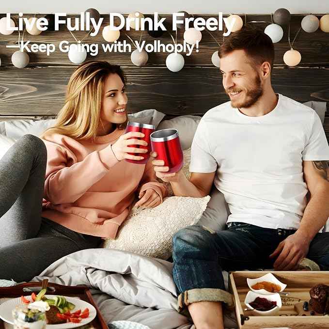 Volhoply 12oz Stainless Steel Wine Tumbler with Lid Bulk 4 Pack,Double Wall Vacuum Stemless Wine Glasses,Reusable Metal Travel Coffe Mug with Straw,Insulated Cup Gifts for Women,Christmas（Red,4 Set）