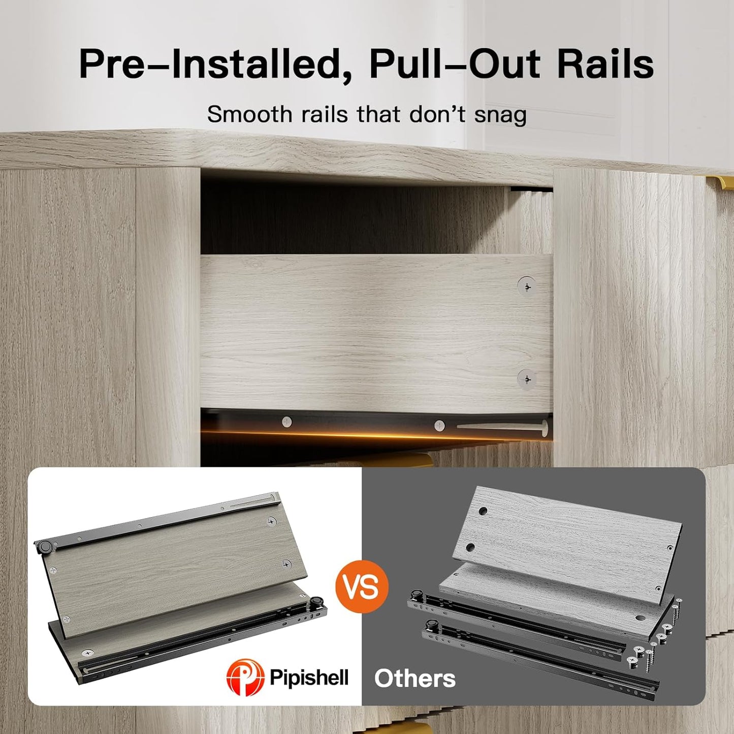 Pipishell Fluted 6 Drawers Dresser for Bedroom, 47" Wooden Drawers with Metal Handle, Dressers with Round Corner Design, Closet Storage Organizer for Bedroom, Hallway, Grey