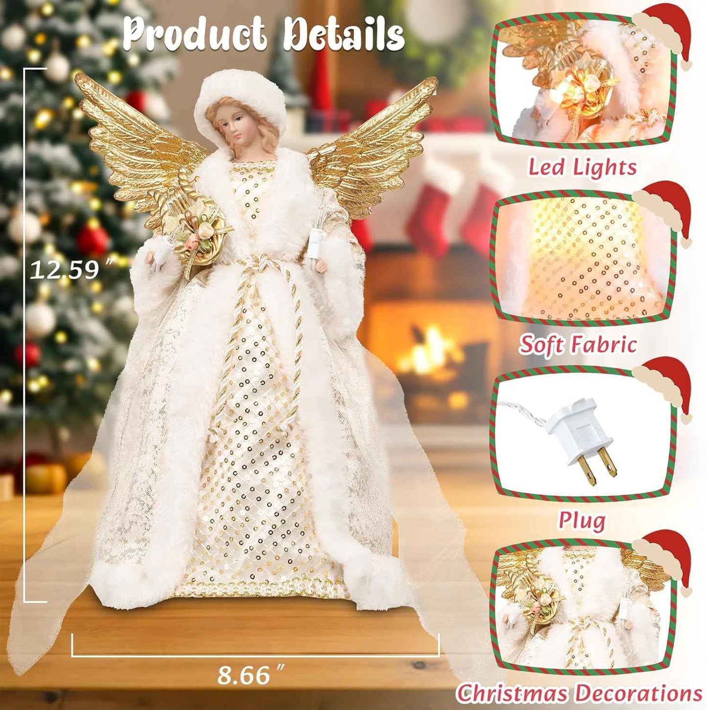 Angel Tree Topper with Lights, 12 Inch Christmas Tree Topper Angel Figurine with Lyre Christmas Tree Angel Treetop for Indoor Home Holiday Party, Champagne Gold