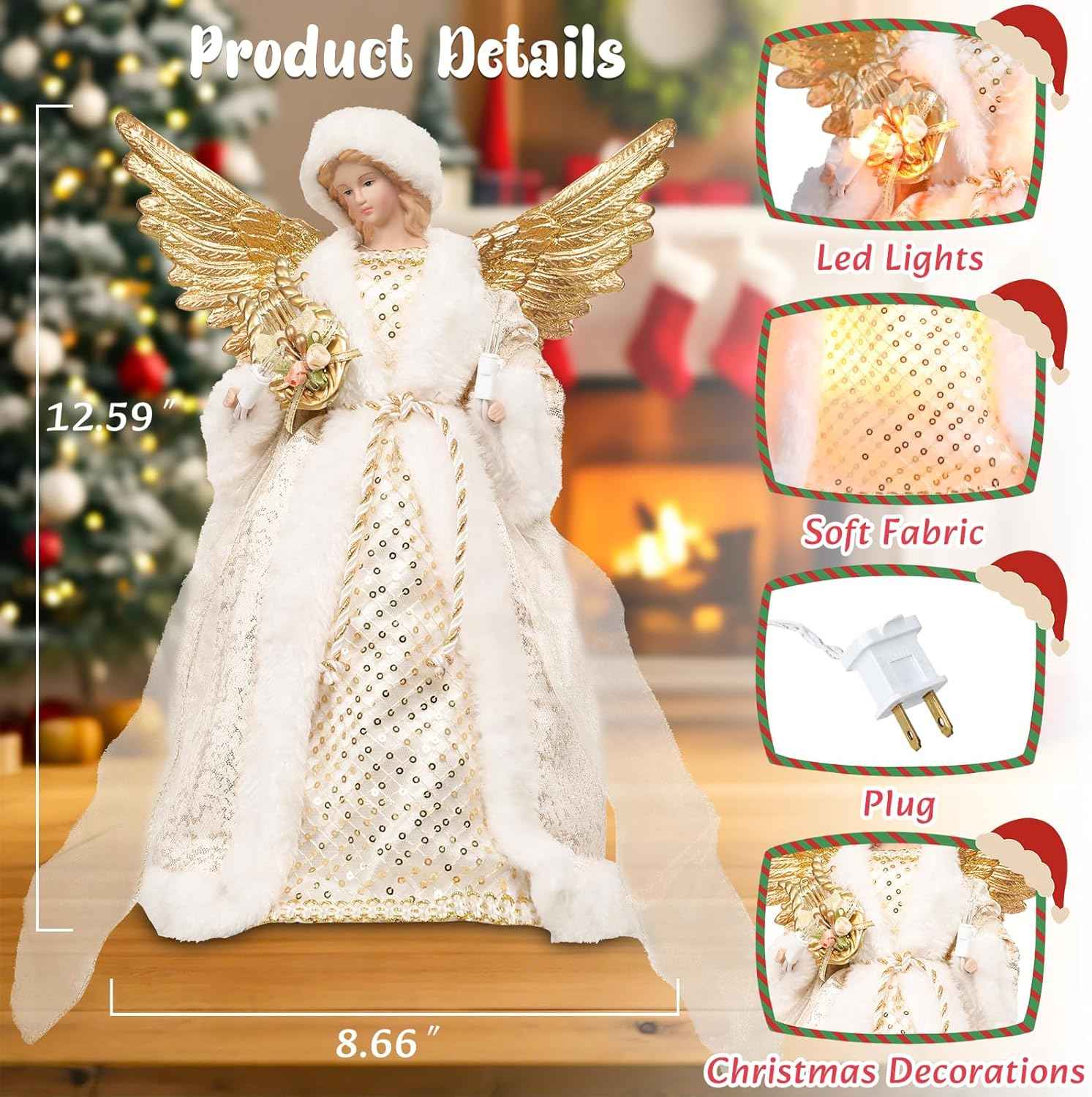 Angel Tree Topper with Lights, 12 Inch Christmas Tree Topper Angel Figurine with Lyre Christmas Tree Angel Treetop for Indoor Home Holiday Party, Champagne Gold
