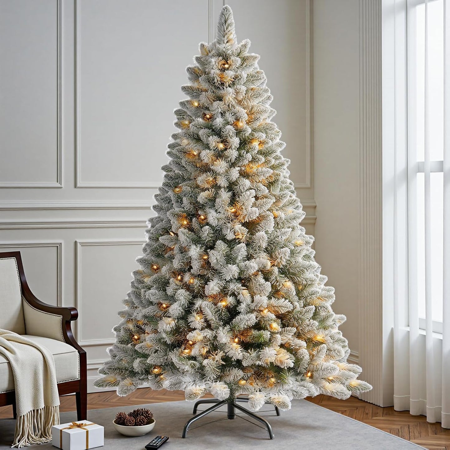 6 FT Pre-lit Snow Flocked Christmas Tree, Artificial Christmas Tree with 250 Warm White & Color LED Changing Lights, 600 PVC Branch Tips, Easy Assembly/Metal Stand/Hinged/8 Color Modes