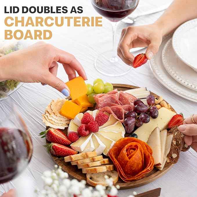 Large Glass Salad Bowl with Lid Set, 5.7 L Decorative Glass Mixing Bowl, Trifle and Serving Bowls with Lids as Cheese Charcuterie Board and Plate, Comes with Wood Serving Utensils