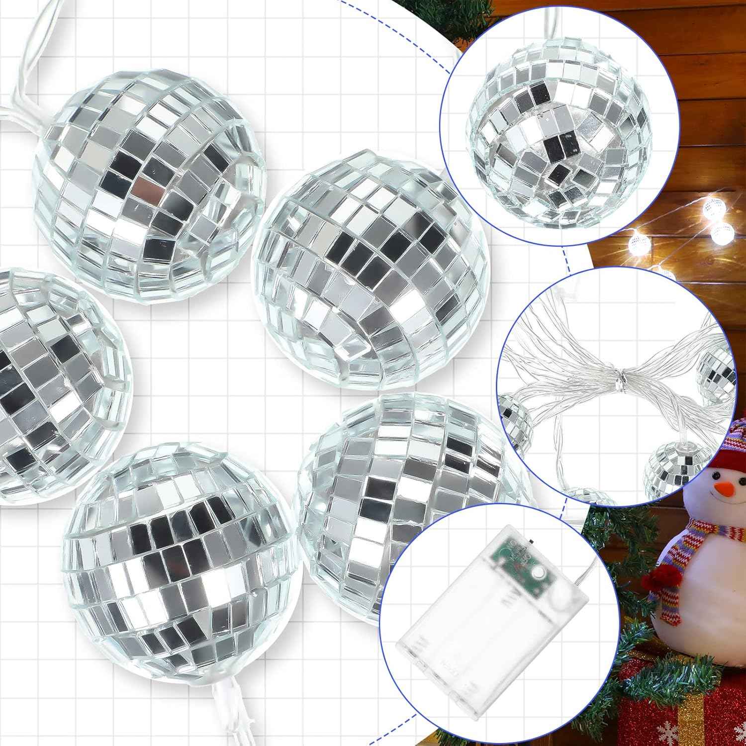 40 LED Disco Ball String Lights 70s Decorations 9.8 ft Mirror Disco Light Battery Operated Ball Globe Ornaments for Christmas Wall Tree Indoor Outdoor Party Supply(White Silver)