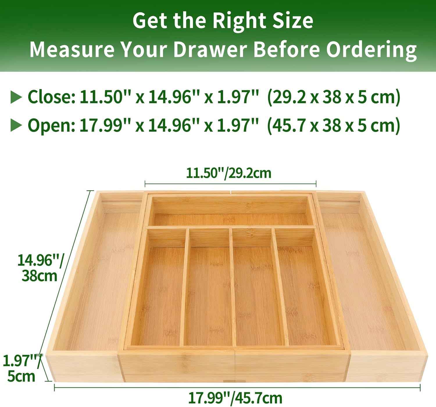 VaeFae Bamboo Drawer Organizer, Expandable Silverware Drawer Organizer, Cutlery Tray with Dividers for Kitchen Utensils, Medium