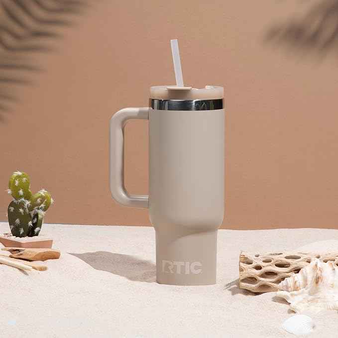 RTIC 40 oz Road Trip Tumbler Double-Walled Cermaic Lined Insulated Stainless Steel Portable Travel Coffee Mug Cup with Lid, Handle and Straw, Beach