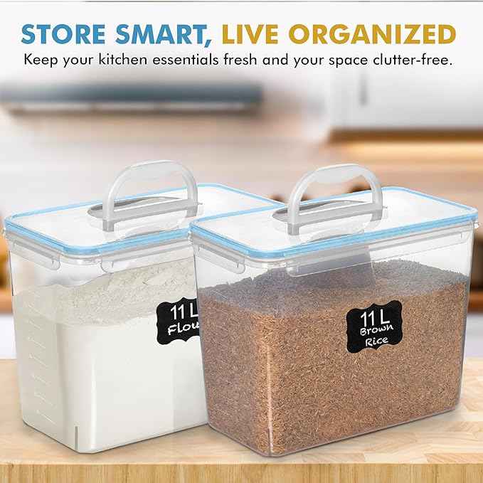 Shazo 2 PC (11L | 372 oz) Flour Sugar Storage Containers with Easy Carry Handle - Plastic Extra Large Food Storage Containers with Lids for Rice Cereal, BPA Free & Airtight Kitchen Pantry Organization