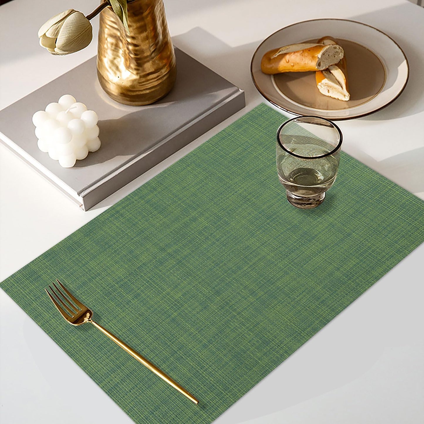 Vinyl Placemats Set of 8, PVC Woven Washable Non-Slip Table Mats, Heat Resistant Wrinkle Free Place Mats for Dining Table, Easy to Clean (8, Green)