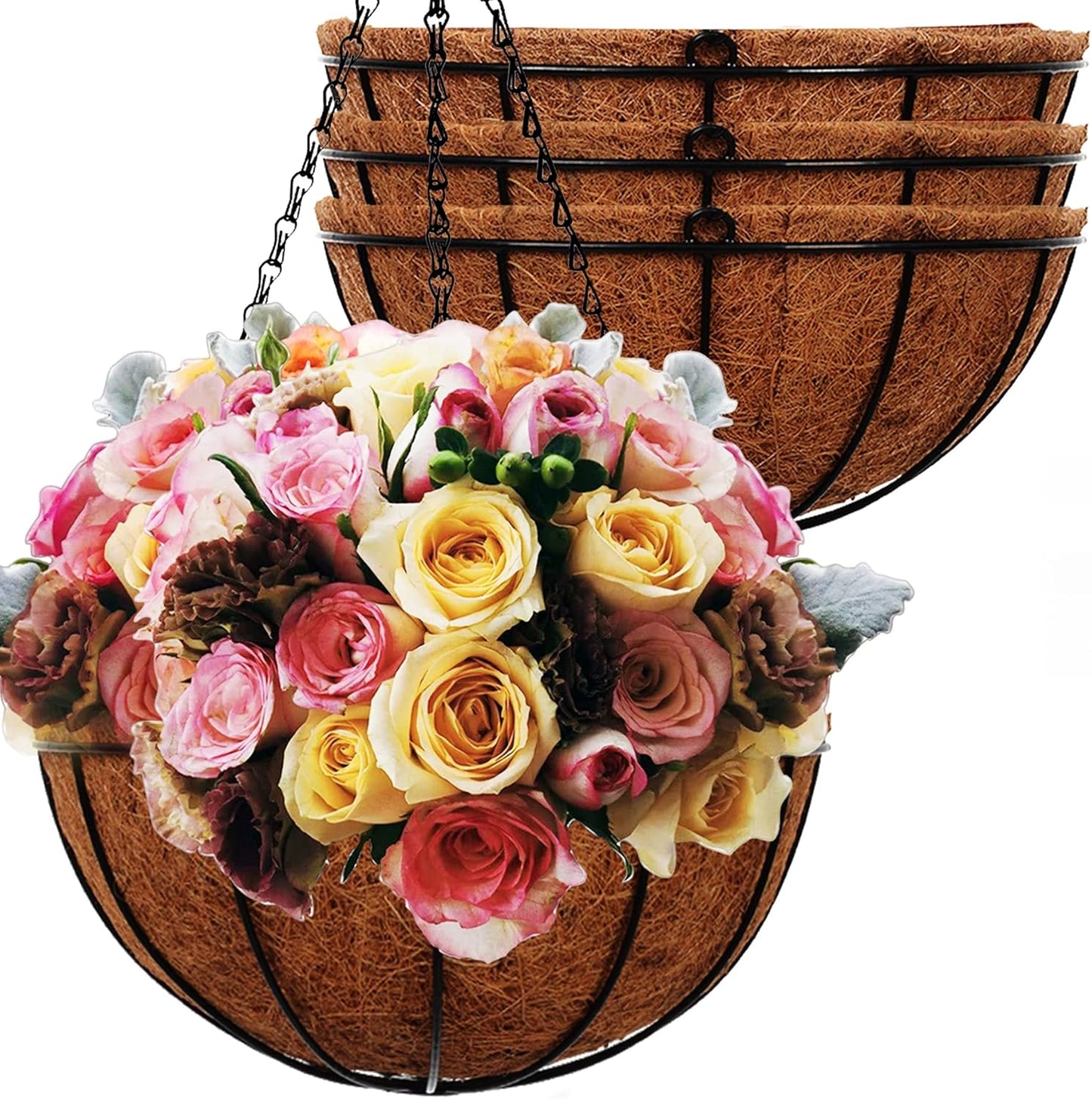 Hanging Planters Basket Outdoor Indoor(14 inch 4 Pack)-Coconut Coir Hanging Baskets for Plants Outdoor,Metal Wire Baskets with Coco Liner Window Box Planters, hanging Flower Pots For Railings…