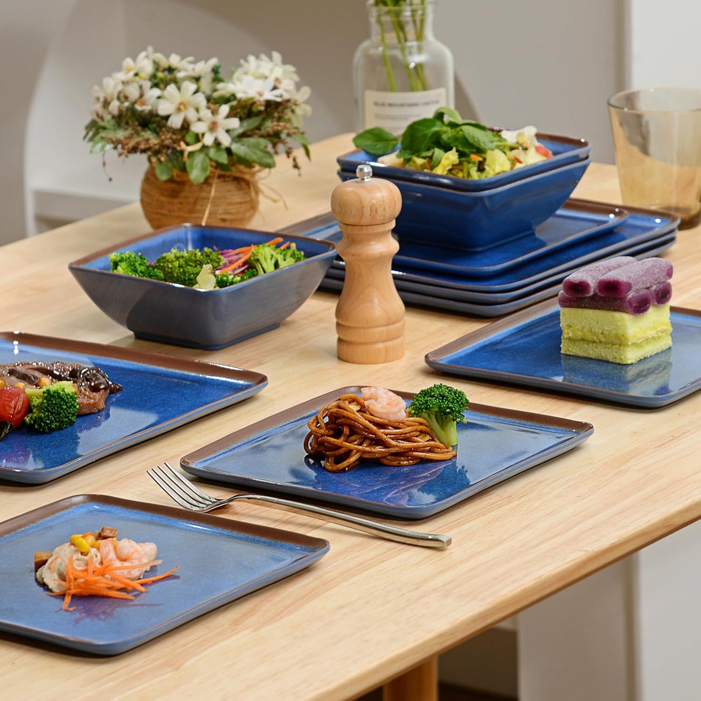 Melamine Dinnerware Sets, 12 Pcs Square Plates and Bowls Sets of 4, Unbreakable Dishes Set for Outdoor Use, Lightweight Dishware Set for Camping,Patio and RV, Dishwasher Safe, Navy Blue