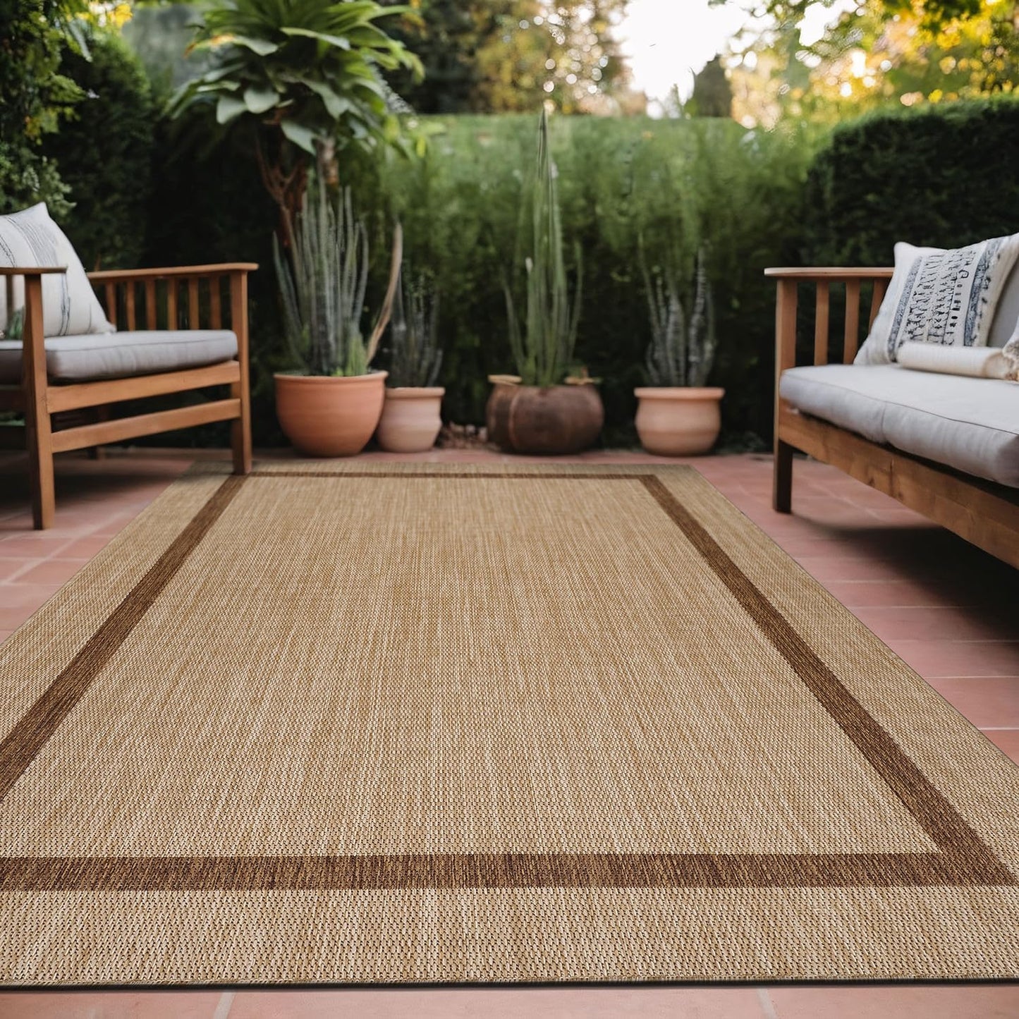 Bordered Outdoor Rug 5x7 Washable Outside Carpet for Indoor Patio Porch Waterproof Easy Cleaning Non Shedding Area Rugs Jute Beige - Nut Brown 5 x 7