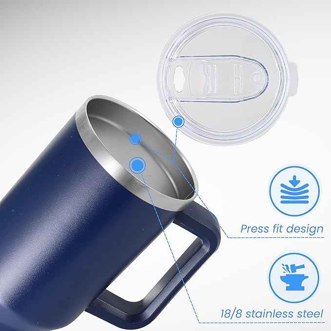 DOMICARE 40 oz Tumbler with Handle and Straw, Stainless Steel Tumbler with Lid and Straw, Reusable Vacuum Insulated Cup, Travel Coffee Mug, Navy Blue, 4Pack
