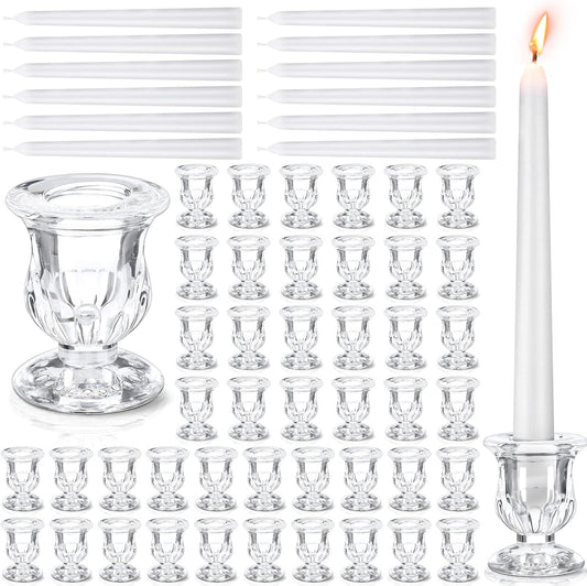 96 Pcs Glass Taper Candle Holders Bulk 2. 5 Inch Clear Candlestick Holder with Long Tapered Candles Candle Sticks Set for Table Centerpiece Wedding Christmas Party Decoration