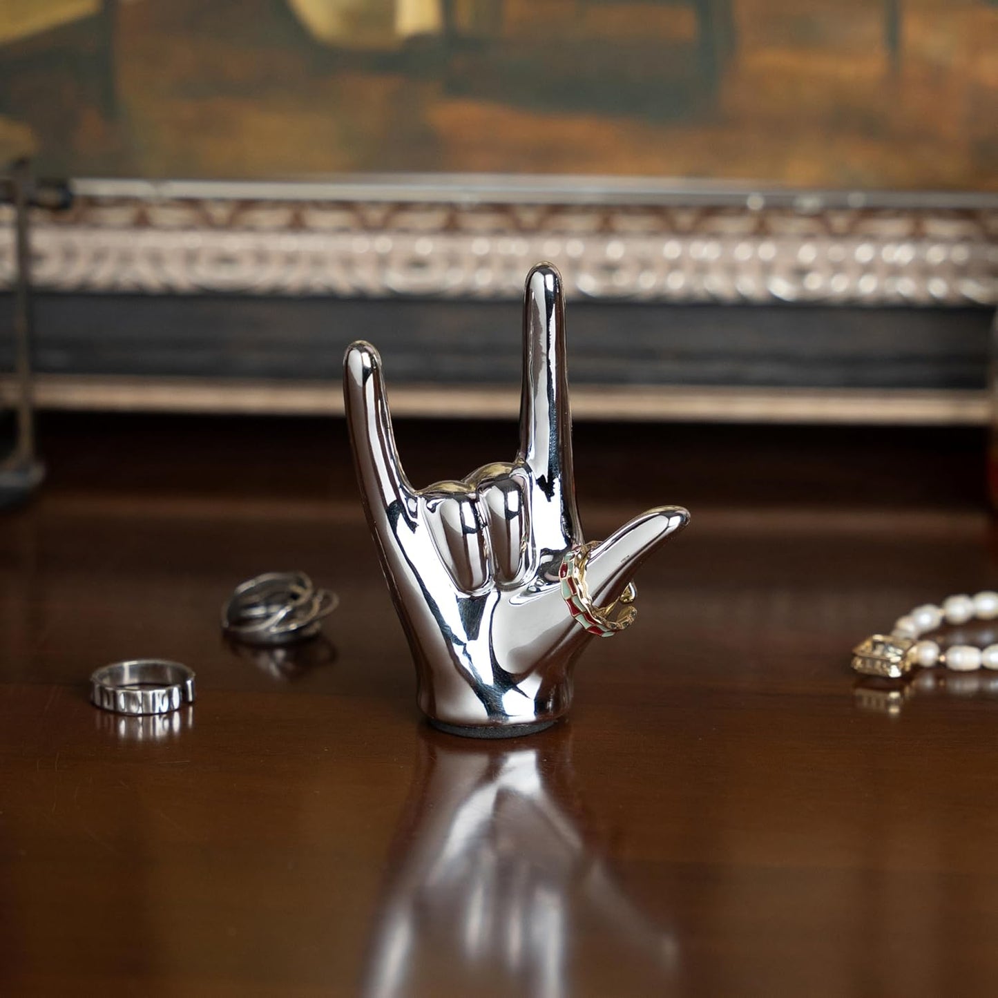 Tiny I Love You Hand Statue Gold Decor, Tiny Rock and Roll Hand Sign Desk Statue, Gold Gesture Statues and Sculptures, Ceramic Gesture Hand Sculpture Finger Statues Classic Home Decor (Silver)