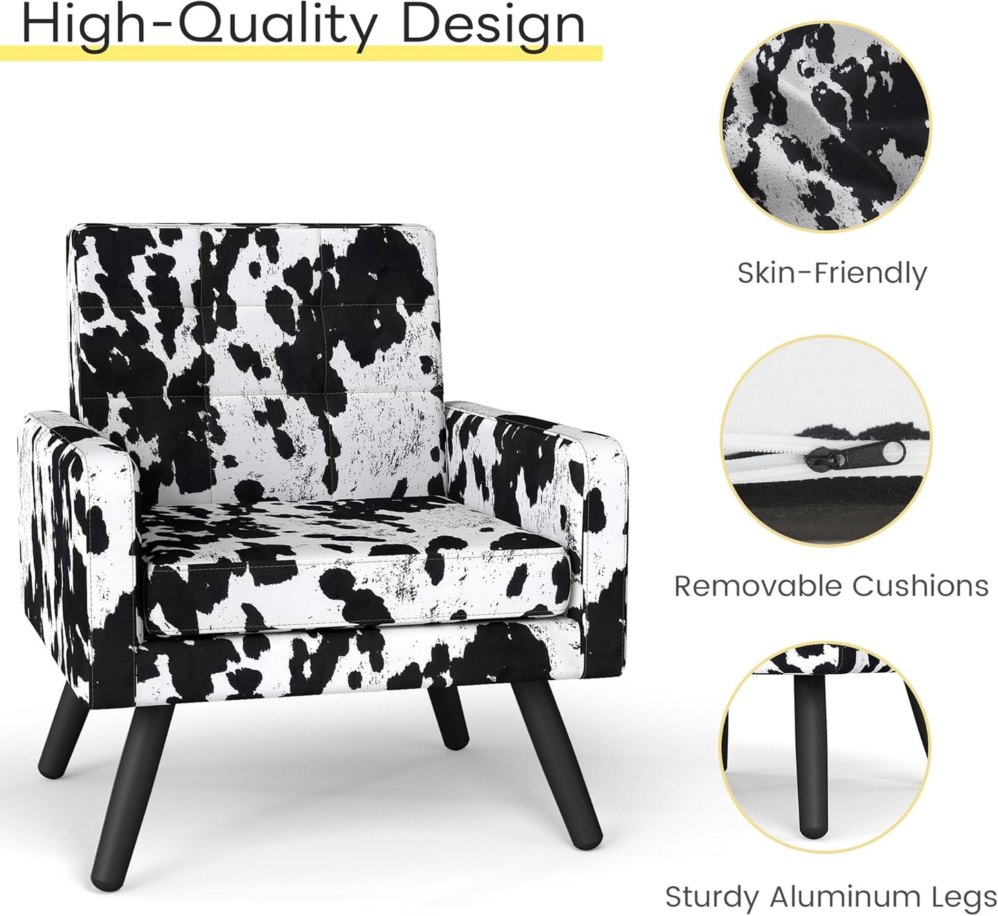 Kromax Mid-Century Modern Accent Chair Set of 2 for Living Room, 496 Lb. Weight Capacity, Dual Armrests, Comfy Extra Large Seat, Timeless Style Perfect for Reading & Relaxing, Cow Pattern