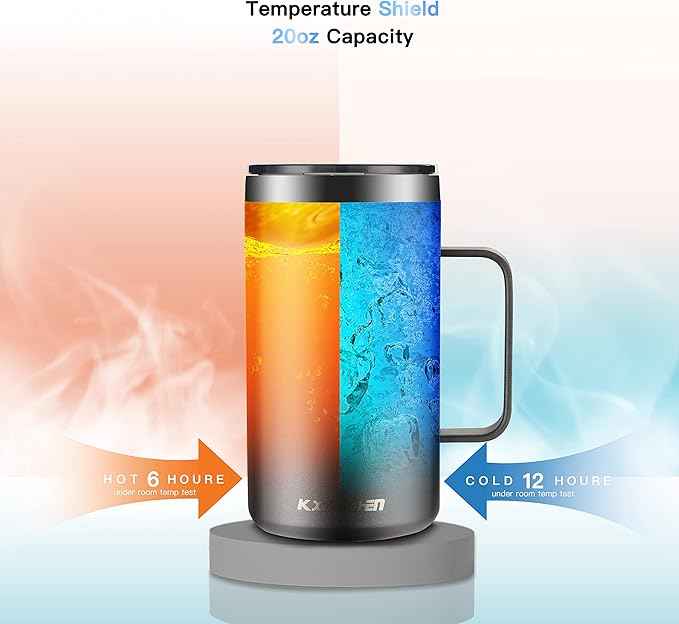 KXIAOCHEN 20oz Insulated Coffee Mug with Lid, Stainless Steel Coffee Cup, Double Wall Vacuum Coffee Tumbler with Handle, Premium Thermal Travel Coffee Mug (Silver grey)