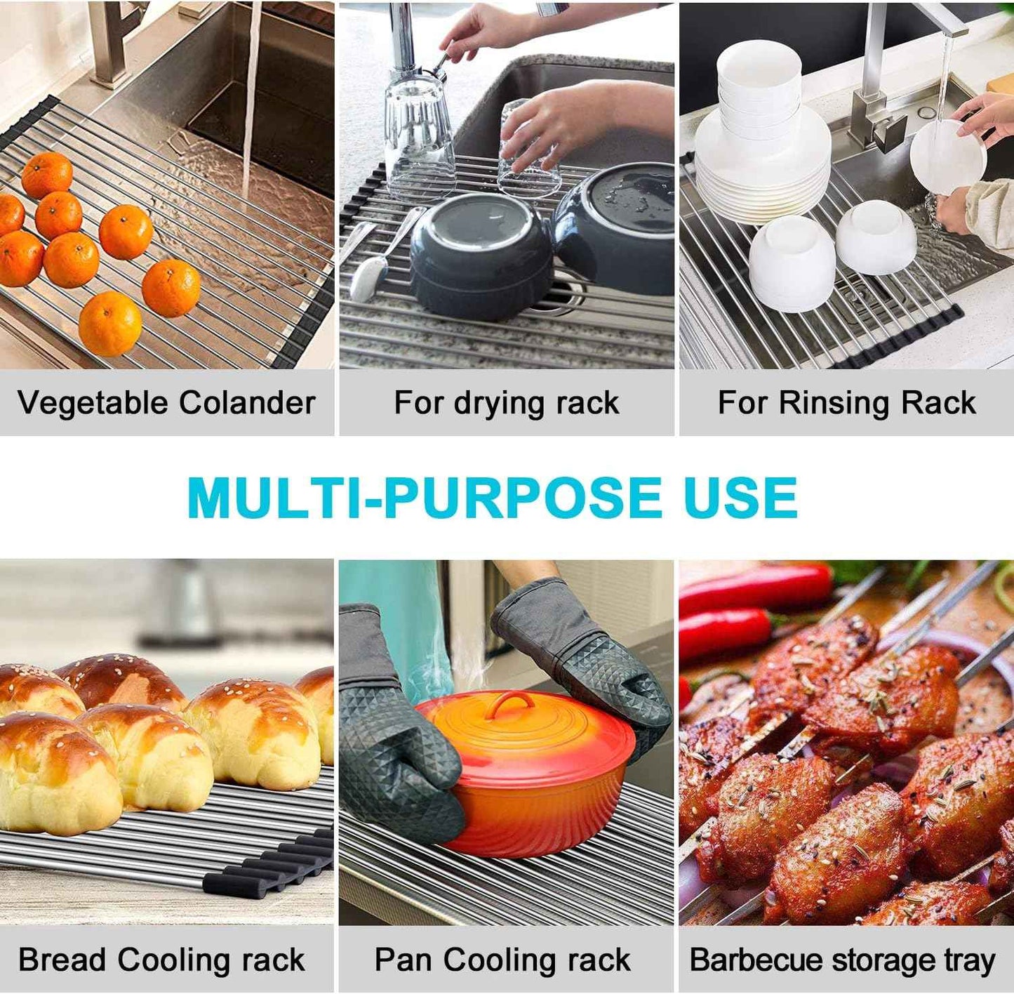G-TING Dish Drying Rack 17.6" x 16", Over Sink Roll Up Large Dish Drainers Rack, Multipurpose Foldable Kitchen Sink Rack Mat Stainless Steel with Silicone Rims for Dishes, Cups, Fruits Vegetables