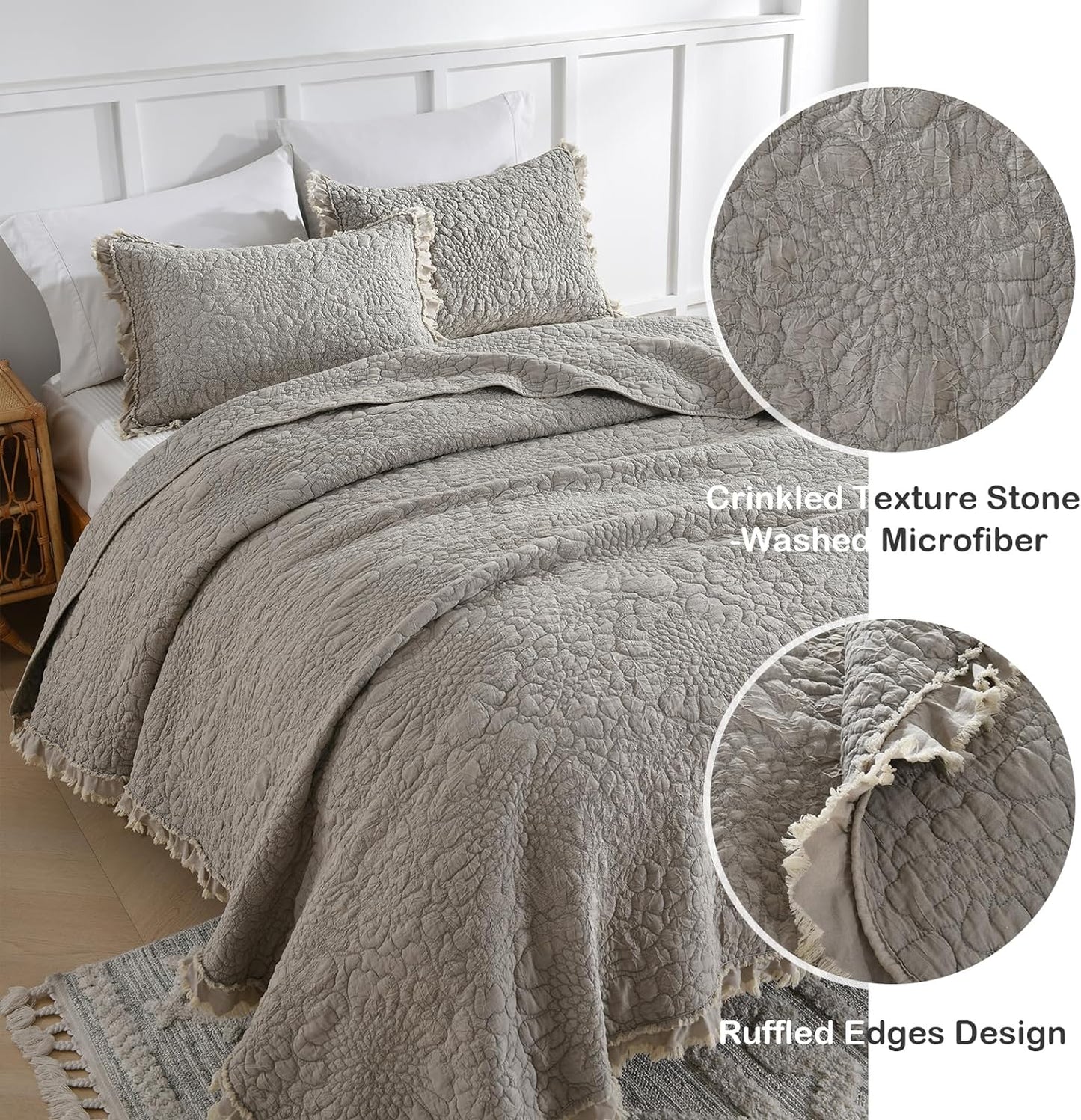 HORIMOTE HOME Beige Ruffled Quilt Twin Size, Stone-Washed Microfiber Lightweight Crinkled Farmhouse Rustic Shabby Chic Bedding Set, 2 Pieces Reversible Bedspread with Pillow Sham for All Season