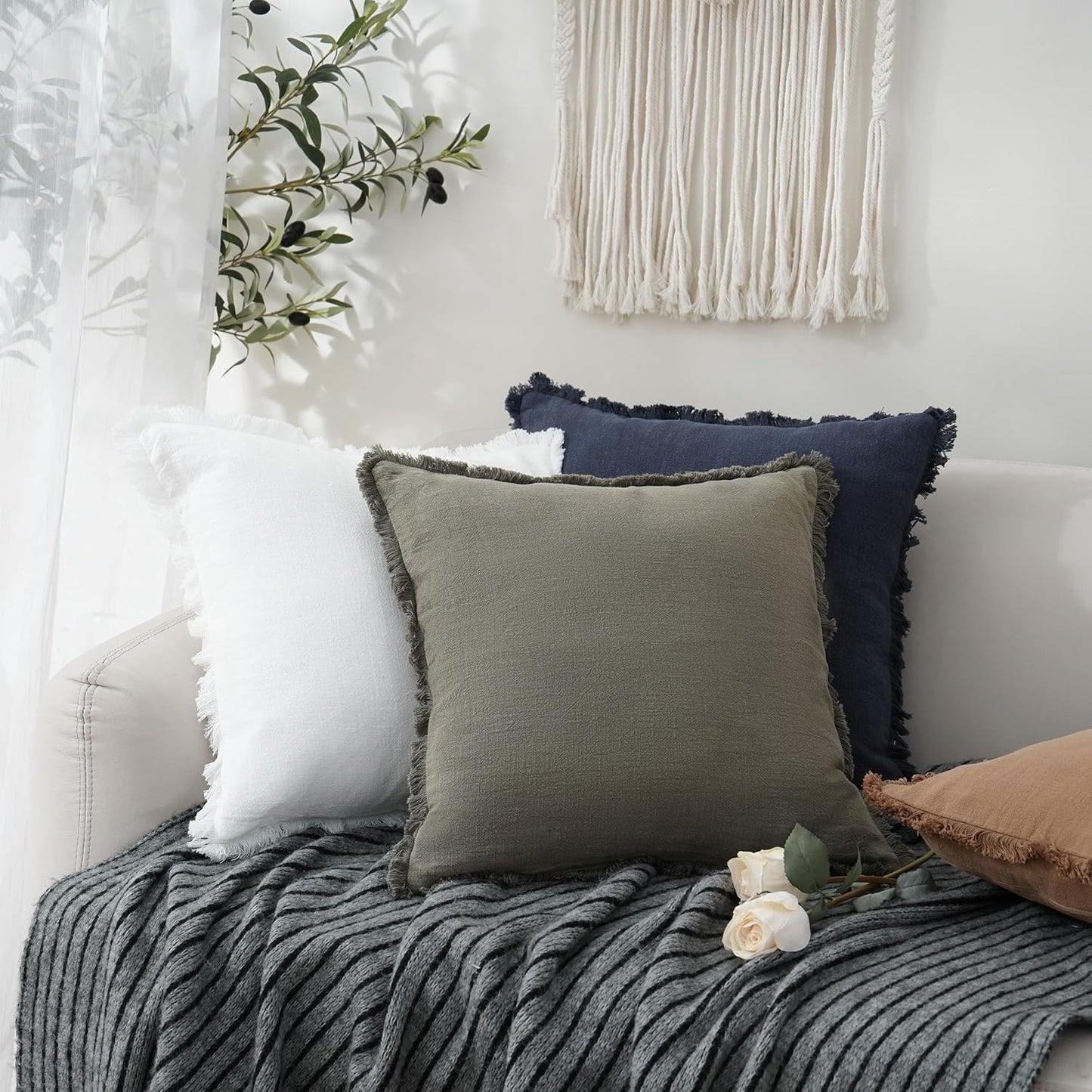 Foindtower Set of 2 Decorative Linen Fringe Throw Pillow Covers Cozy Farmhouse Boho Cushion Cover with Tassels Soft Accent Pillowcase for Couch Sofa Bed Living Room Home Decor 20×20 Inch Navy Blue