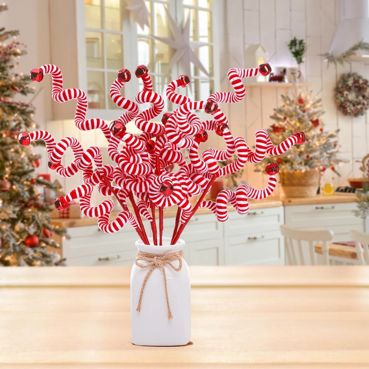 Sggvecsy 6 Pcs Christmas Tree Decoration Candy Cane Woolen Bells Candy Shape Christmas Tree Picks Christmas Bell Curly Picks Ornaments Xmas Tree Topper for Vase Filler Office Home Decor (Red)