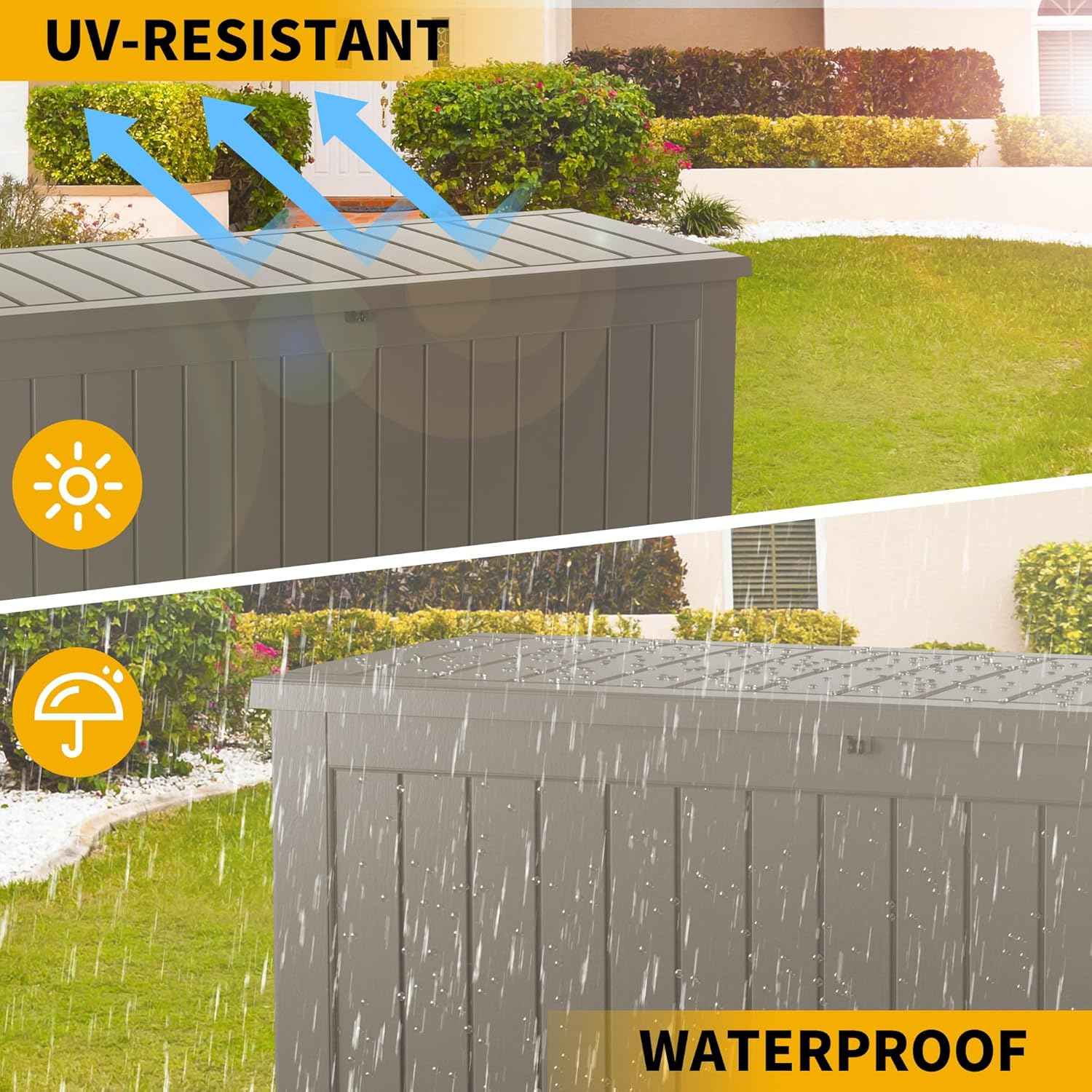 150 Gallon Outdoor Storage Box Patio Deck Box Waterproof, Resin Lockable Outside Large Storage Bin for Pool Cushion Furniture, Garden Tools UV-Resistant, Grey