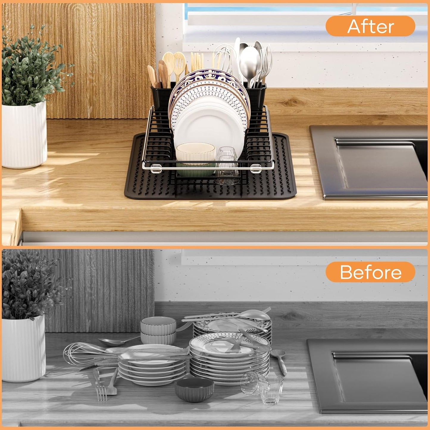 Sink Dish Drying Rack, Expandable Small Dish Drainers with Silicone Drying Mat, Stainless Steel Dish Dryer Rack with a Removable Cutlery Holder for 14’’-19’’ Kitchen Sink