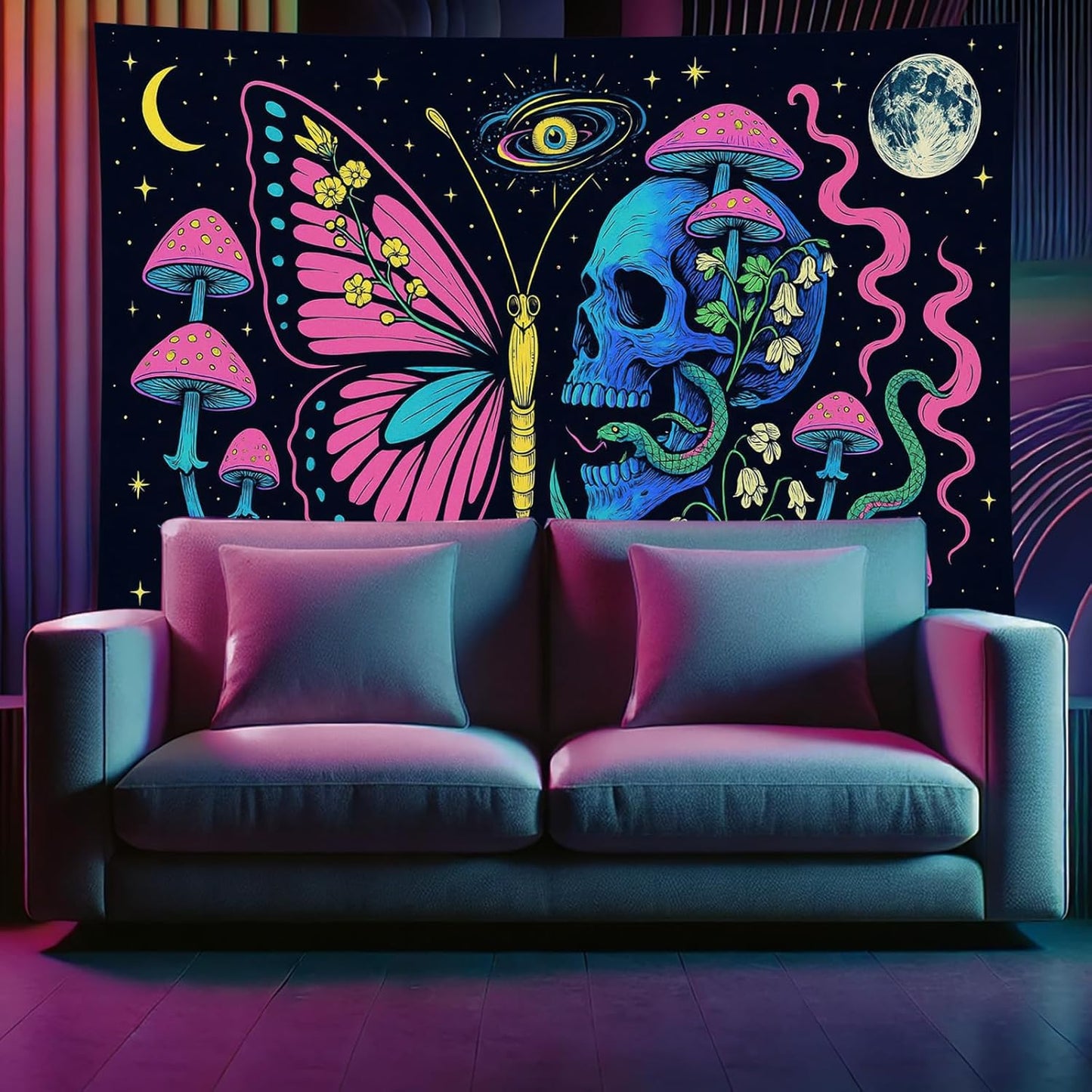 Starlit Patio Butterfly Skull Blacklight Tapestry UV Reactive Wall Hanging Mushrooms Snake and Cosmic Moon for Bedroom Dorm Living Room Glowing Psychedelic Decor Fluorescent Trippy Poster 78 x 59 Inch