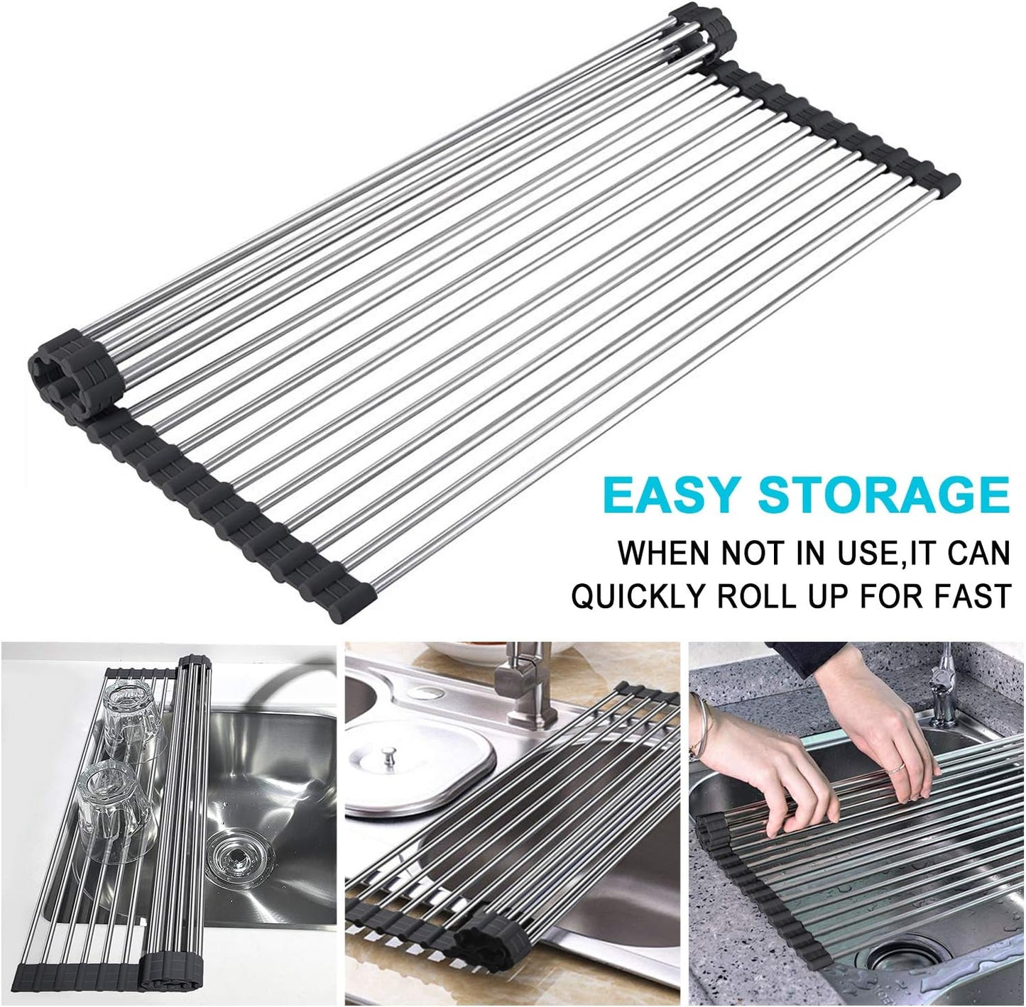G-TING Dish Drying Rack 17.6" x 16", Over Sink Roll Up Large Dish Drainers Rack, Multipurpose Foldable Kitchen Sink Rack Mat Stainless Steel with Silicone Rims for Dishes, Cups, Fruits Vegetables
