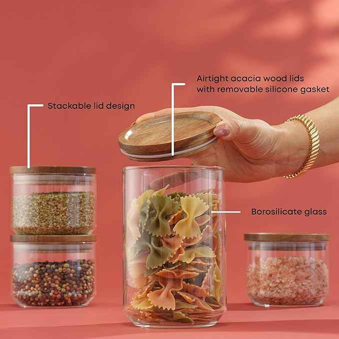 JoyJolt Holden 7-Piece Stackable Glass Storage Containers with Lids, Airtight Food Canister Set with Acacia Wood Lids, Round Stacking Pantry and Kitchen Containers for Pasta, Flour, Sugar, Coffee