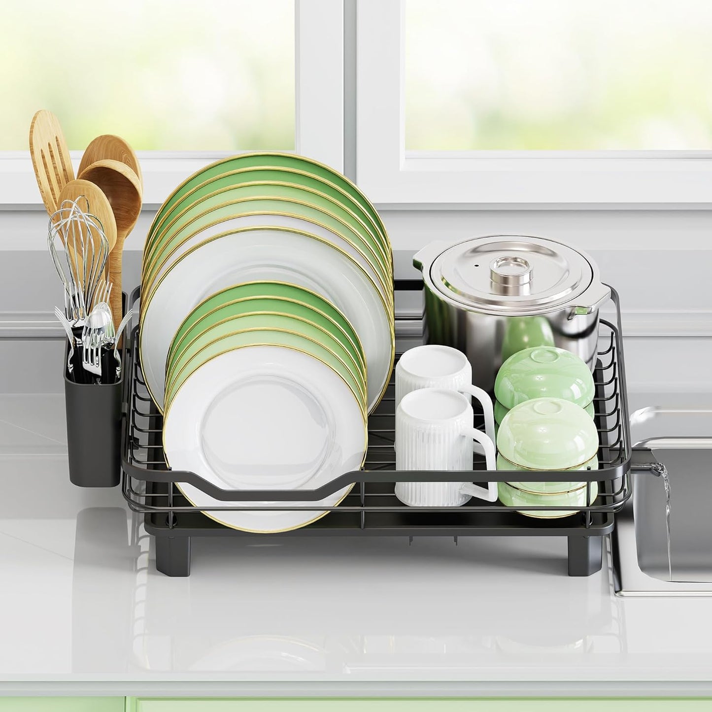 ROTTOGOON Dish Drying Rack, Stainless Steel Rustproof Dish Rack for Kitchen Counter, Sturdy Dish Drainer with Drainboard, Drainage, Utensil Holder for Various Kitchenware, 16.2"(L) x 12.6"(W), Black