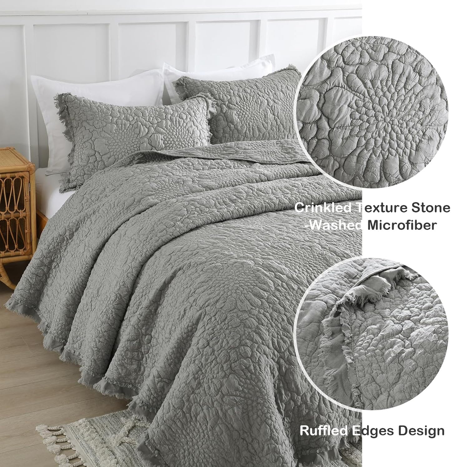 HORIMOTE HOME Dark Grey Ruffled Quilt Twin Size, Stone-Washed Microfiber Lightweight Crinkled Farmhouse Rustic Shabby Chic Bedding Set, 2 Pieces Reversible Bedspread with Pillow Sham for All Season