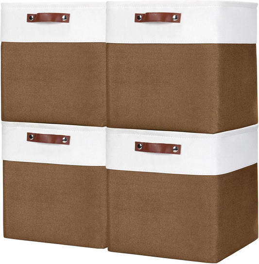 13x13 Cube Storage Bins, Collapsible Fabric Storage Box, 4 Pack Closet Baskets with Handles for Organizing, Shelf, Toys, Clothes, Home, Office, Nursery (Brown&White)