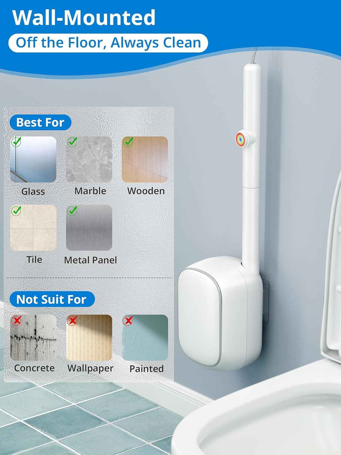 Disposable Toilet Cleaner Wand and Holder Set, Wall Mounted Toilet Bowl Brush Kit with 12 Refill Heads, Hygienic Toilet Cleaning System for Bathroom and RV